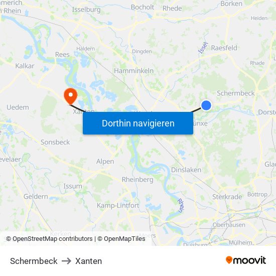 Schermbeck to Xanten map