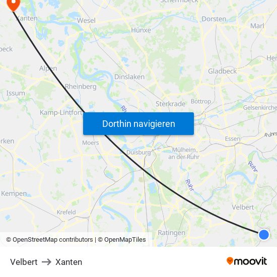 Velbert to Xanten map