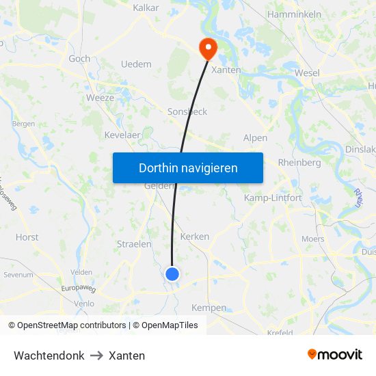 Wachtendonk to Xanten map