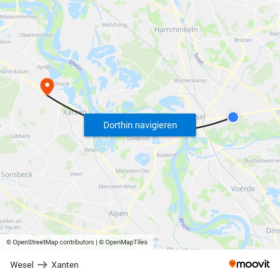 Wesel to Xanten map