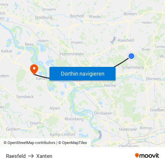 Raesfeld to Xanten map