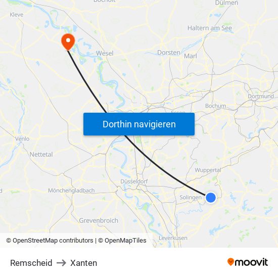 Remscheid to Xanten map