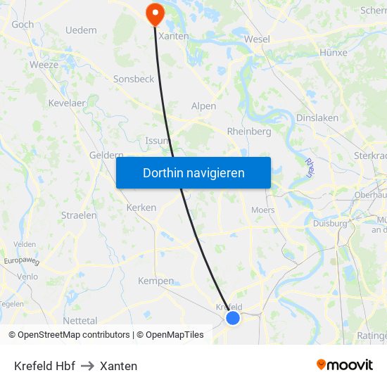 Krefeld Hbf to Xanten map