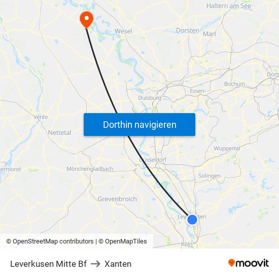 Leverkusen Mitte Bf to Xanten map