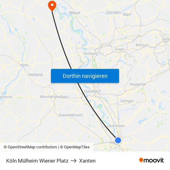 Köln Mülheim Wiener Platz to Xanten map