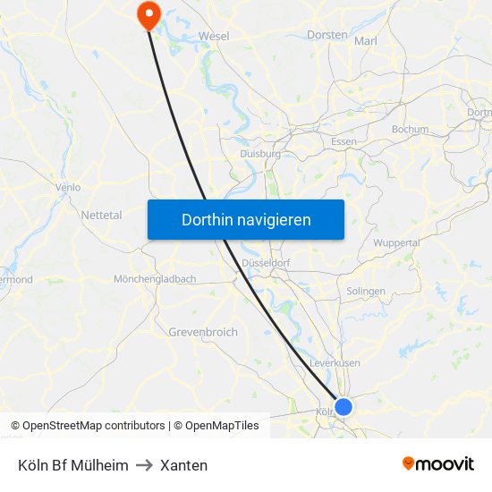 Köln Bf Mülheim to Xanten map