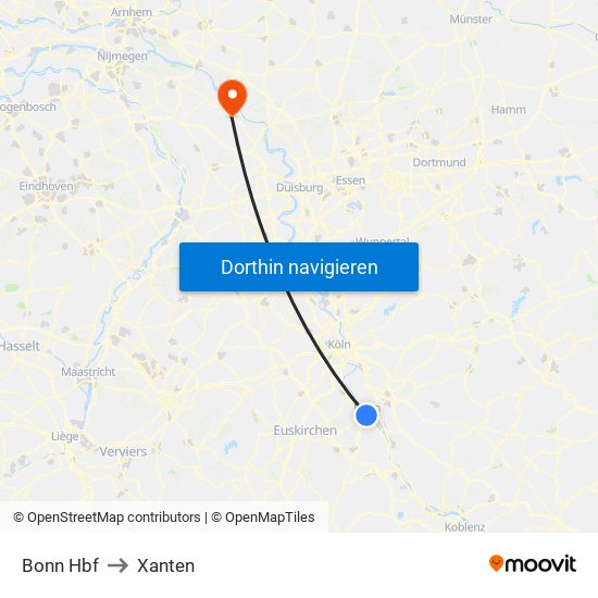 Bonn Hbf to Xanten map