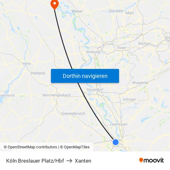 Köln Breslauer Platz/Hbf to Xanten map