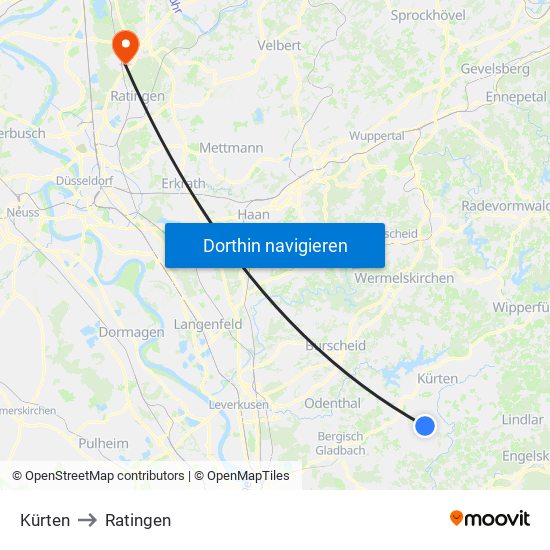 Kürten to Ratingen map