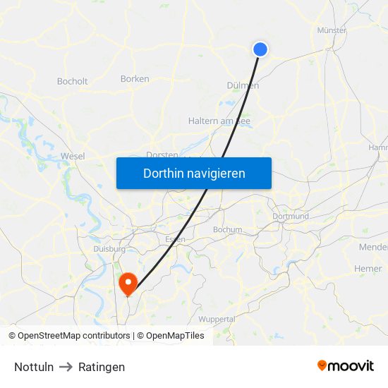 Nottuln to Ratingen map