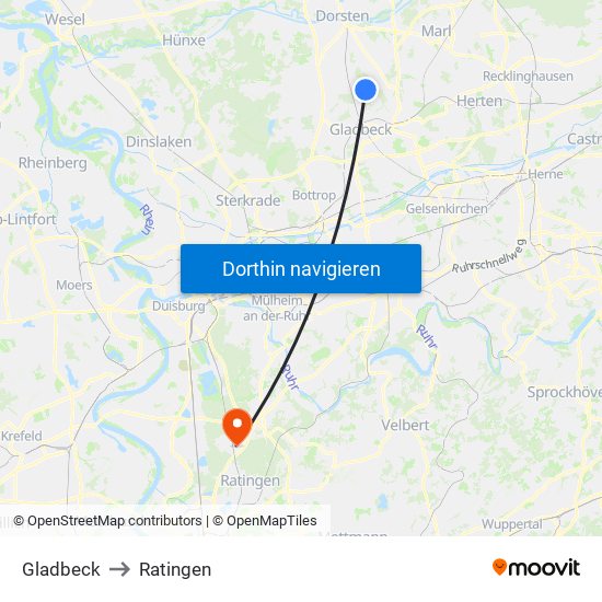 Gladbeck to Ratingen map