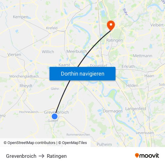 Grevenbroich to Ratingen map