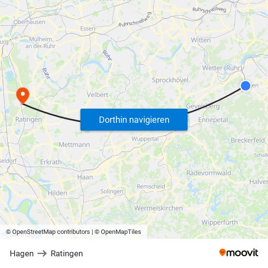 Hagen to Ratingen map