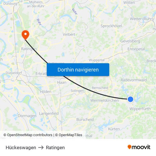 Hückeswagen to Ratingen map