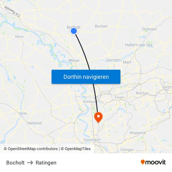 Bocholt to Ratingen map