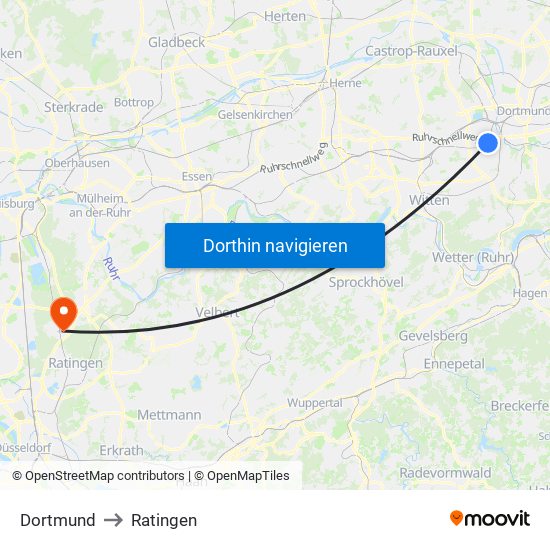 Dortmund to Ratingen map