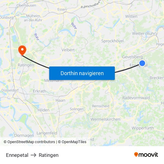 Ennepetal to Ratingen map