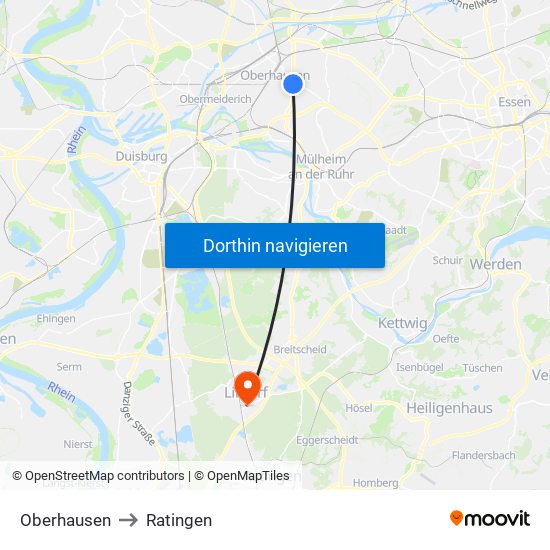 Oberhausen to Ratingen map