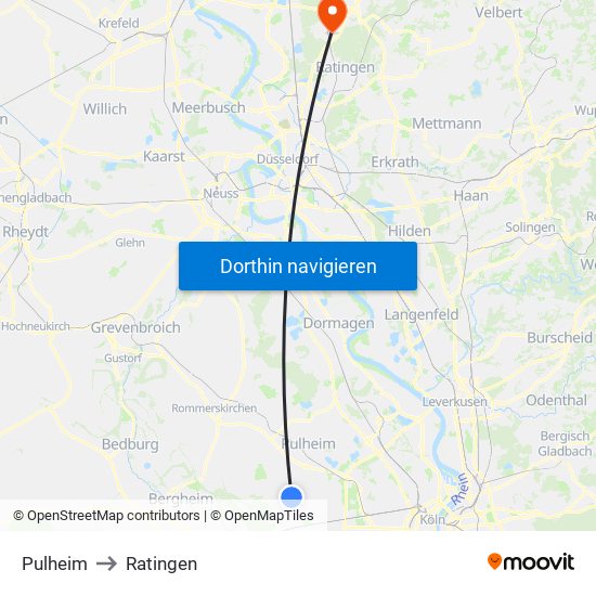 Pulheim to Ratingen map