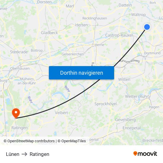 Lünen to Ratingen map