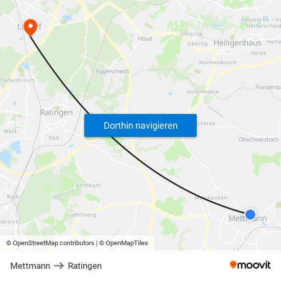 Mettmann to Ratingen map