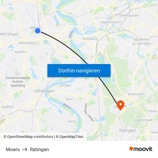 Moers to Ratingen map
