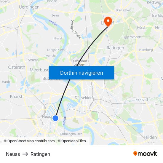 Neuss to Ratingen map