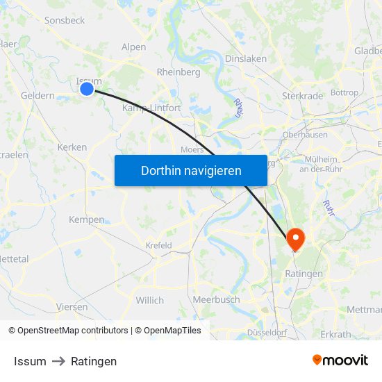 Issum to Ratingen map