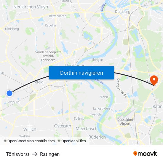 Tönisvorst to Ratingen map