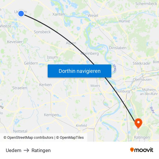 Uedem to Ratingen map