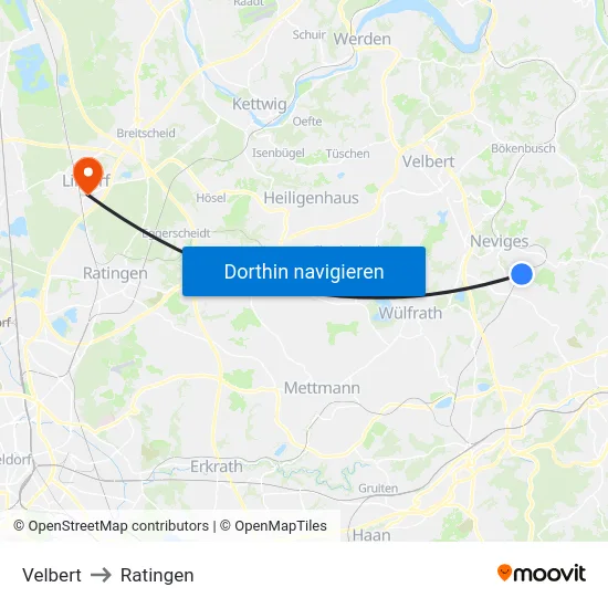 Velbert to Ratingen map
