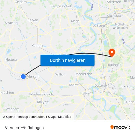 Viersen to Ratingen map