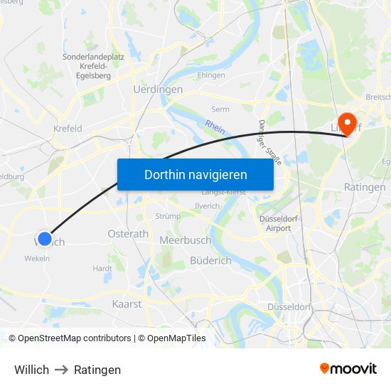 Willich to Ratingen map