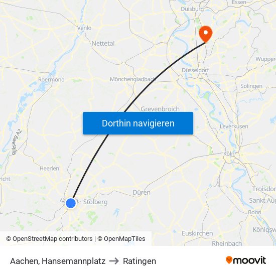 Aachen, Hansemannplatz to Ratingen map