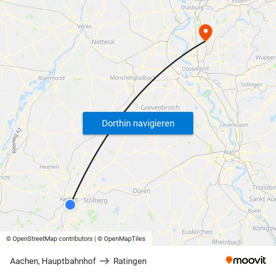 Aachen, Hauptbahnhof to Ratingen map