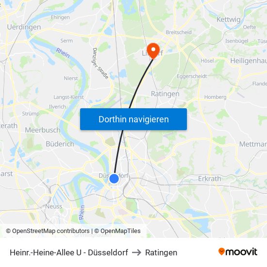 Heinr.-Heine-Allee U - Düsseldorf to Ratingen map