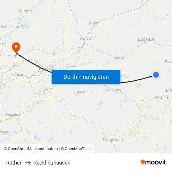 Rüthen to Recklinghausen map