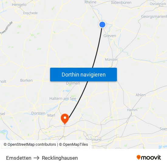 Emsdetten to Recklinghausen map