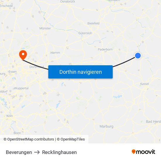 Beverungen to Recklinghausen map