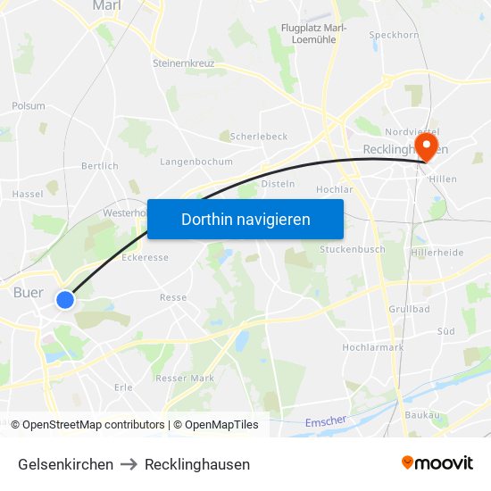 Gelsenkirchen to Recklinghausen map