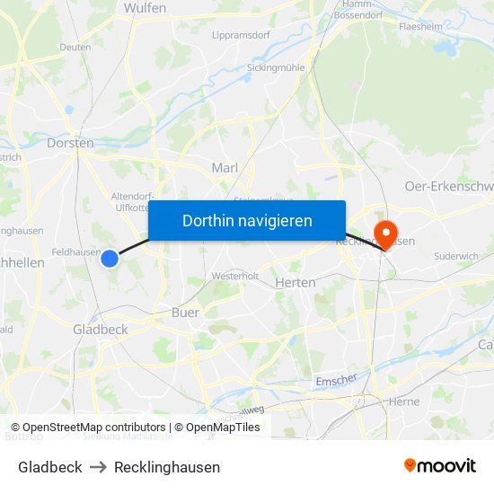 Gladbeck to Recklinghausen map