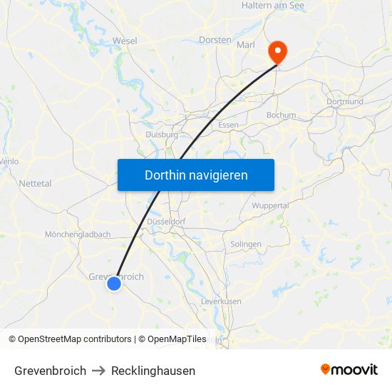 Grevenbroich to Recklinghausen map