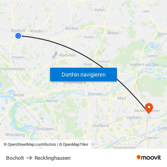 Bocholt to Recklinghausen map