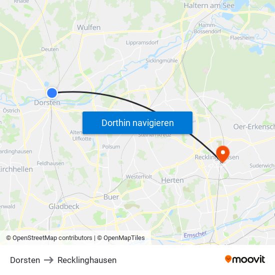 Dorsten to Recklinghausen map