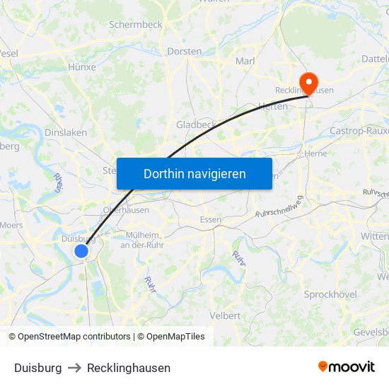 Duisburg to Recklinghausen map