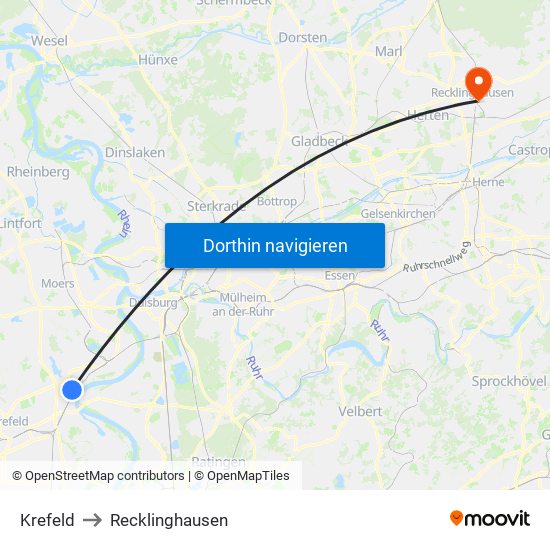 Krefeld to Recklinghausen map