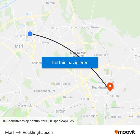 Marl to Recklinghausen map