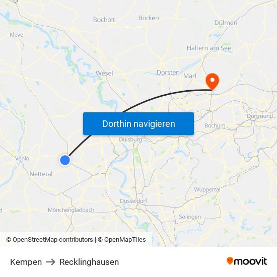 Kempen to Recklinghausen map