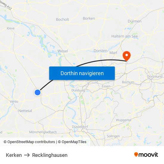 Kerken to Recklinghausen map