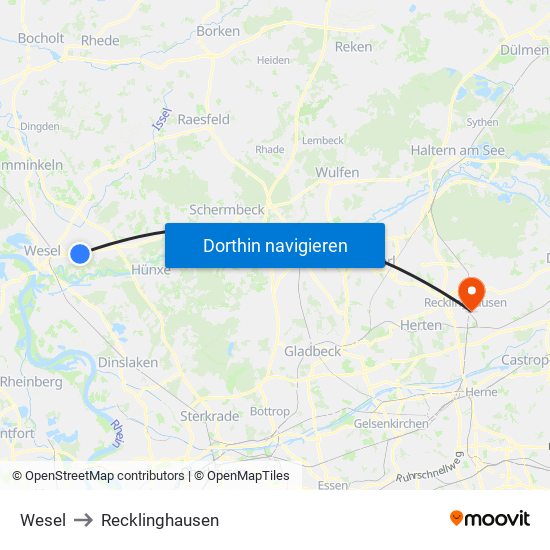 Wesel to Recklinghausen map